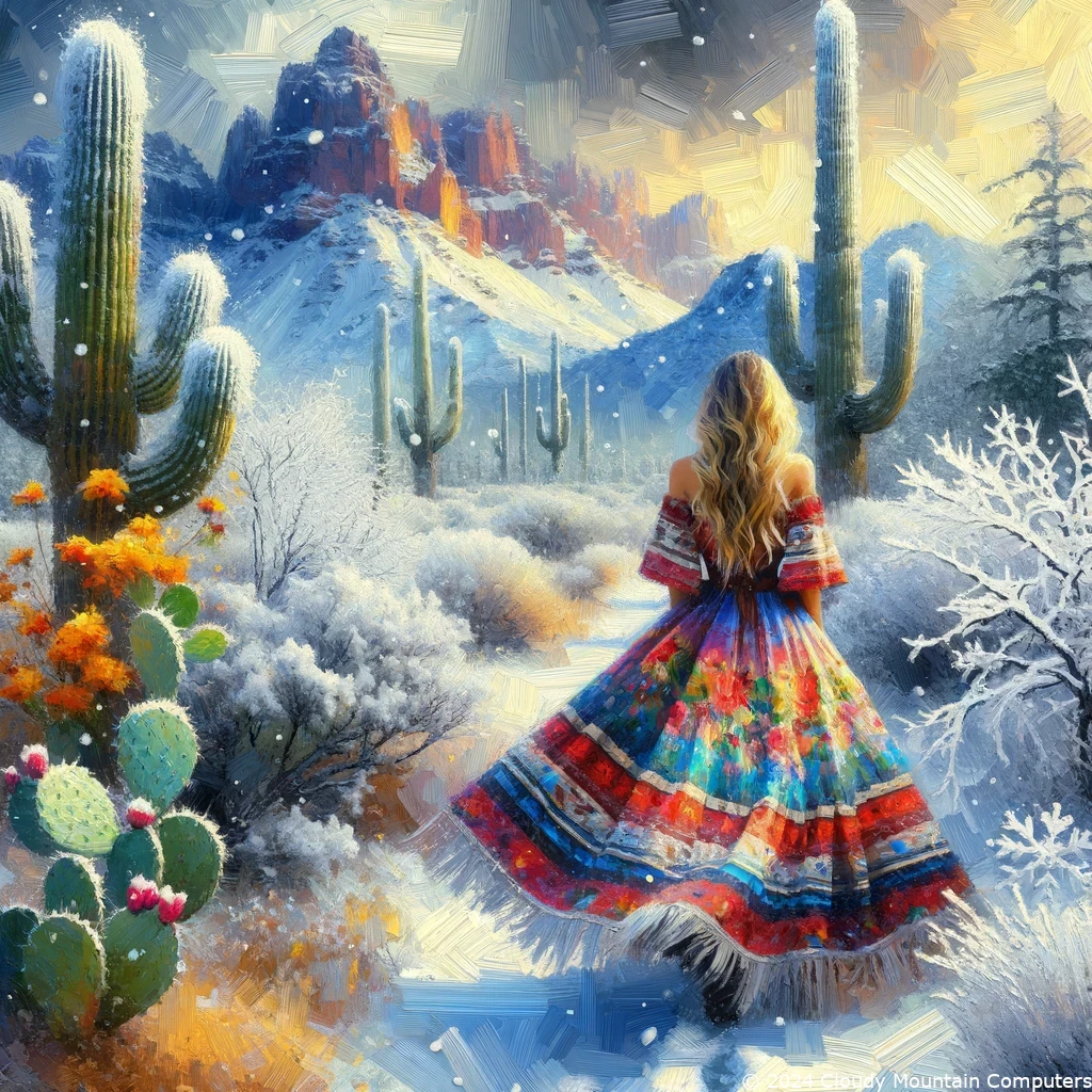 A lone figure in a snowy Southwestern landscape